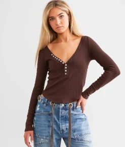 Tops | Free People Coffee Chat Henley Shaved Chocolate
