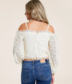 Tops | Willow & Root Cold Shoulder Floral Lace Cropped Top Cream