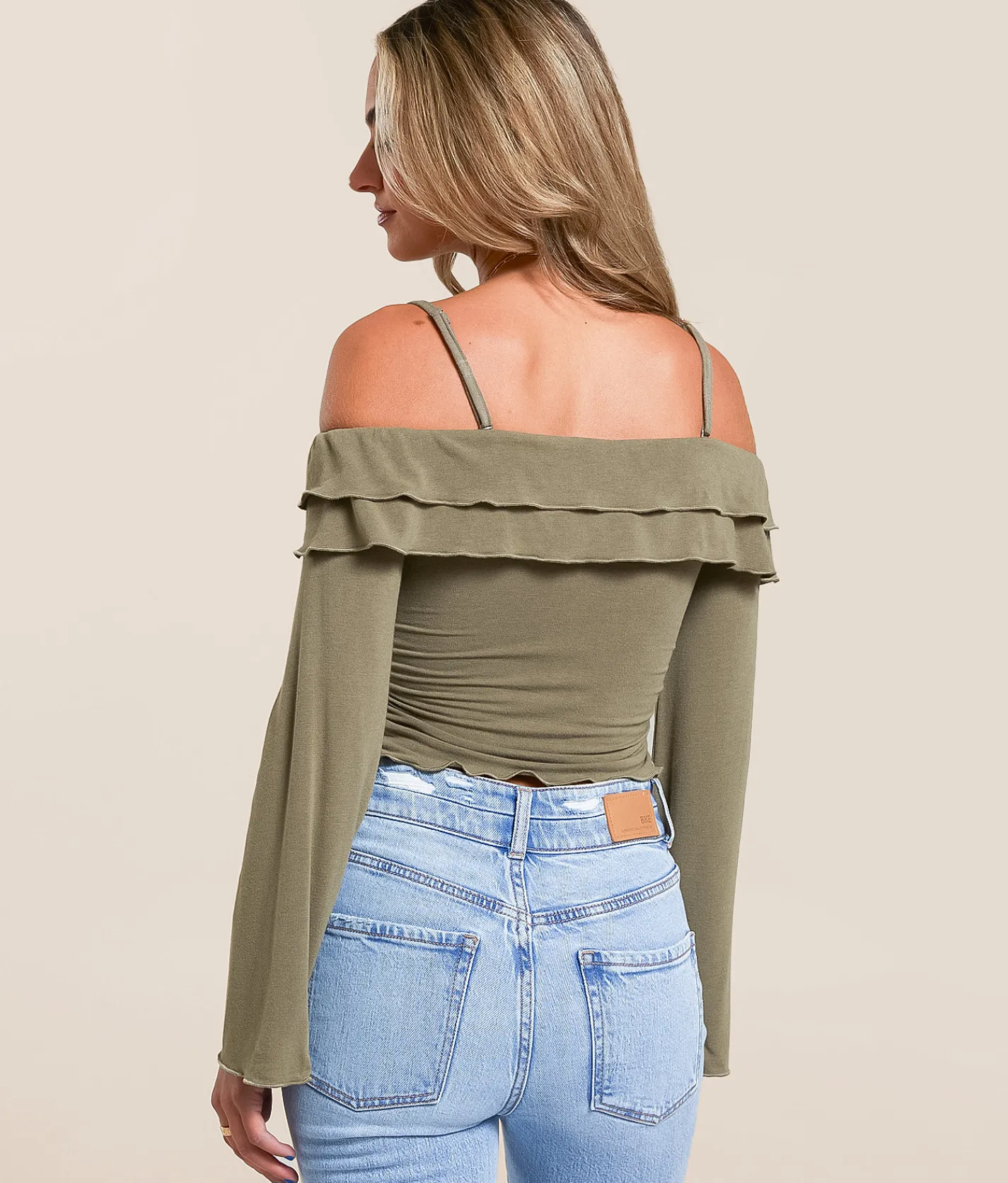 Tops | Willow & Root Cold Shoulder Ruffle Top Olive