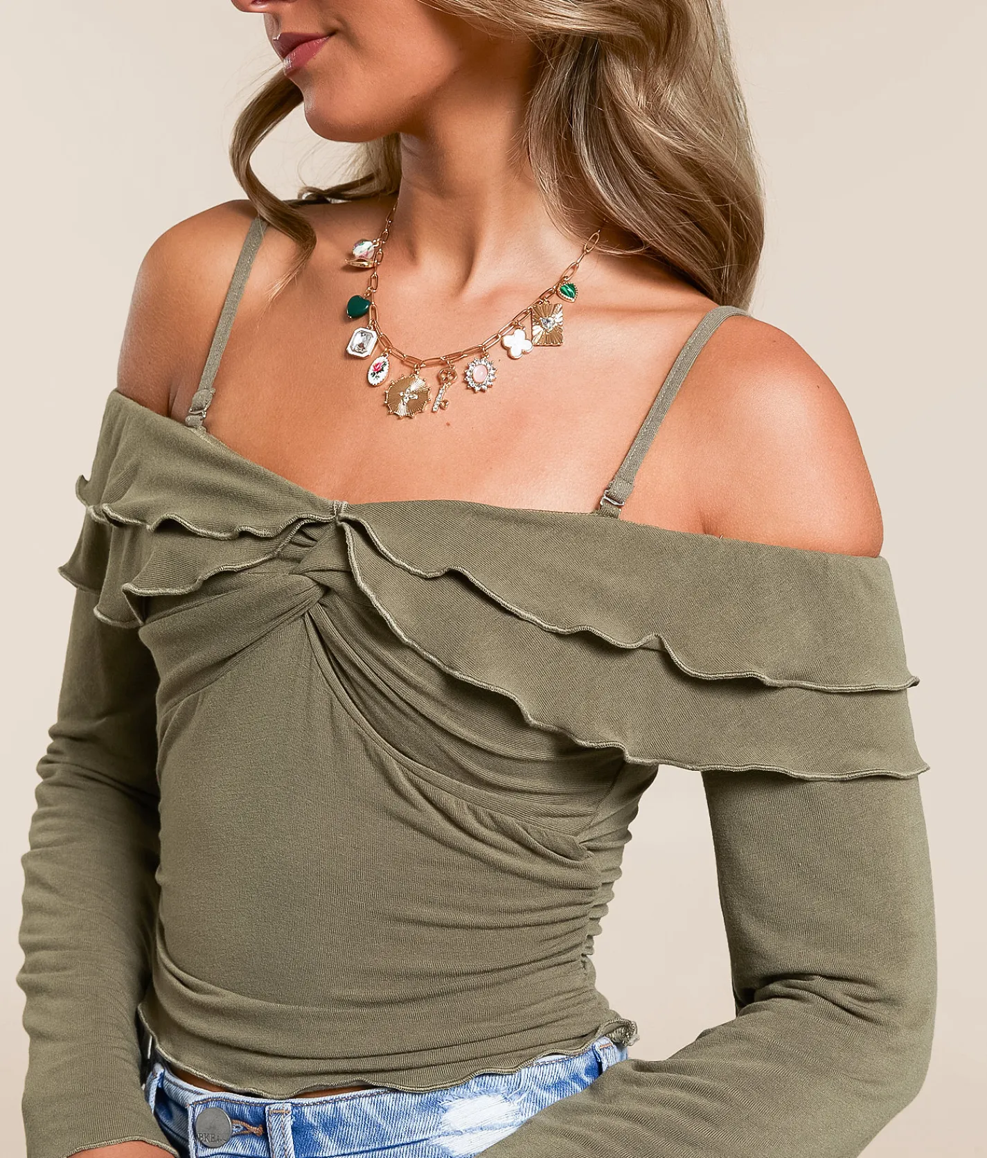 Tops | Willow & Root Cold Shoulder Ruffle Top Olive