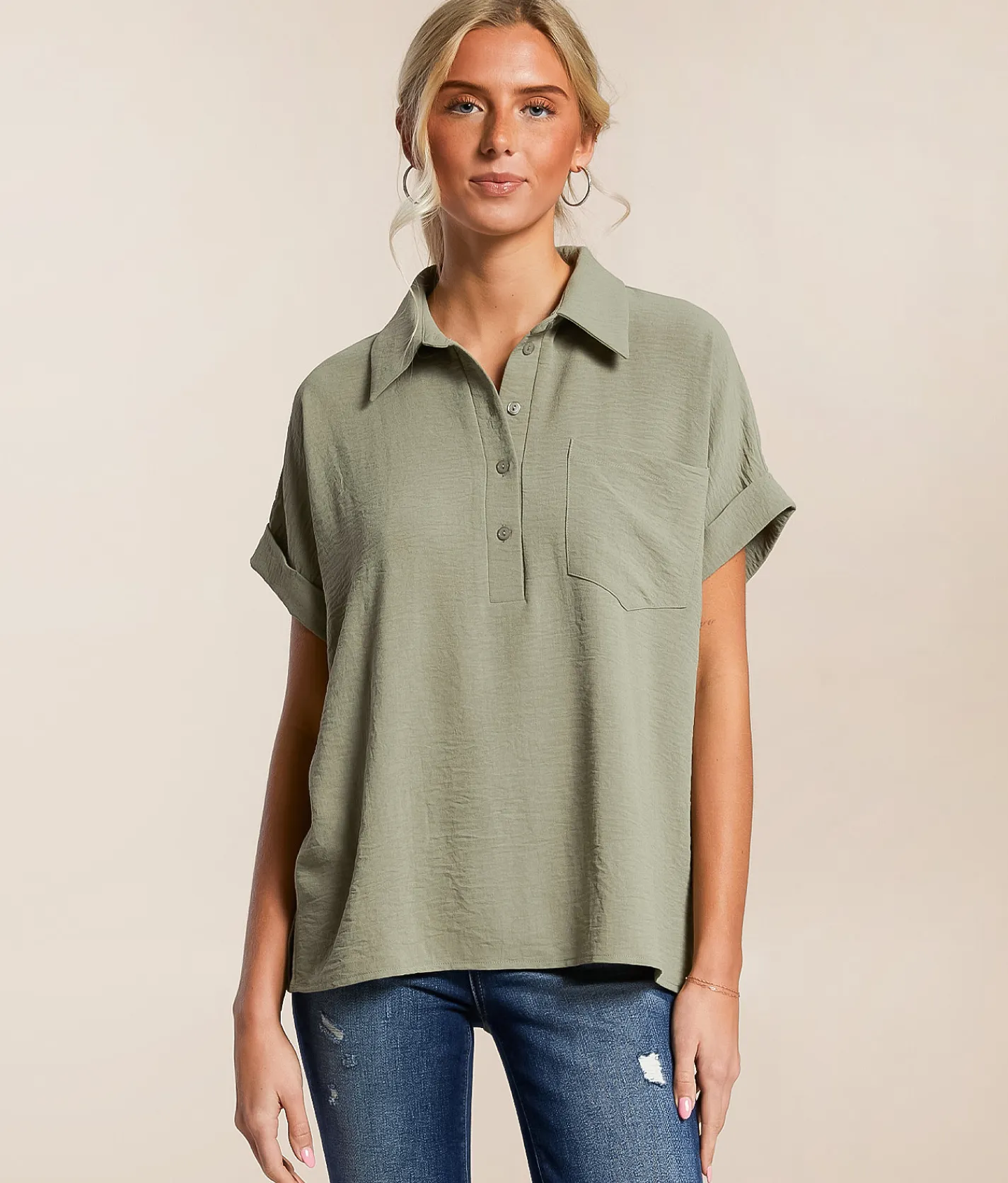 Daytrip Collared Henley Blouse Vetiver