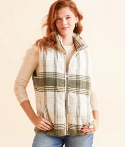 BKE Collared Plaid Vest Olive Cream New