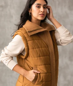 Buckle Black Collared Puffer Vest Camel Discount