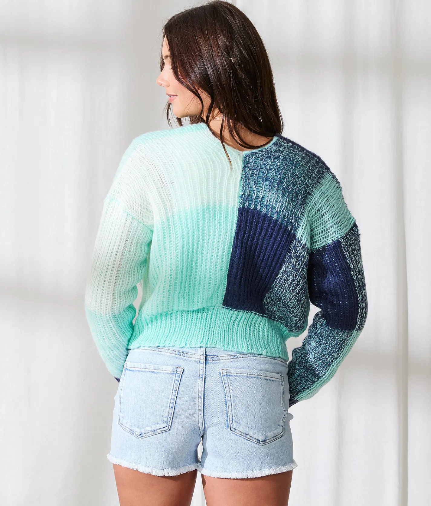 33 Coastal Color Block Cropped Cardigan Sweater Blue New