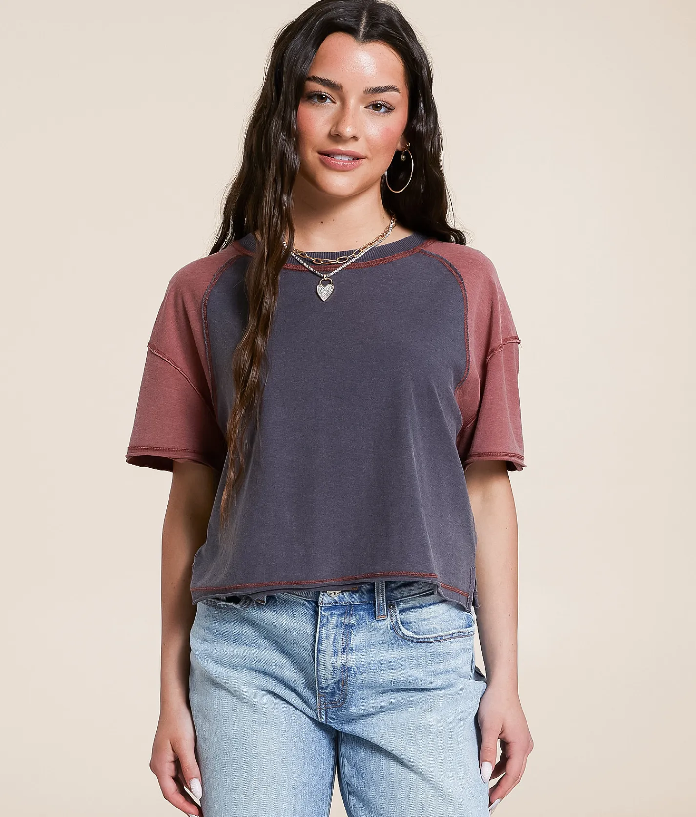 Tops | FITZ + EDDI Color Block Cropped T-Shirt Sable Ebony