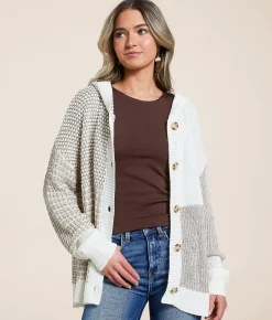 Tops | Blu Pepper Color Block Hooded Cardigan Sweater Tan White