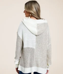 Tops | Blu Pepper Color Block Hooded Cardigan Sweater Tan White