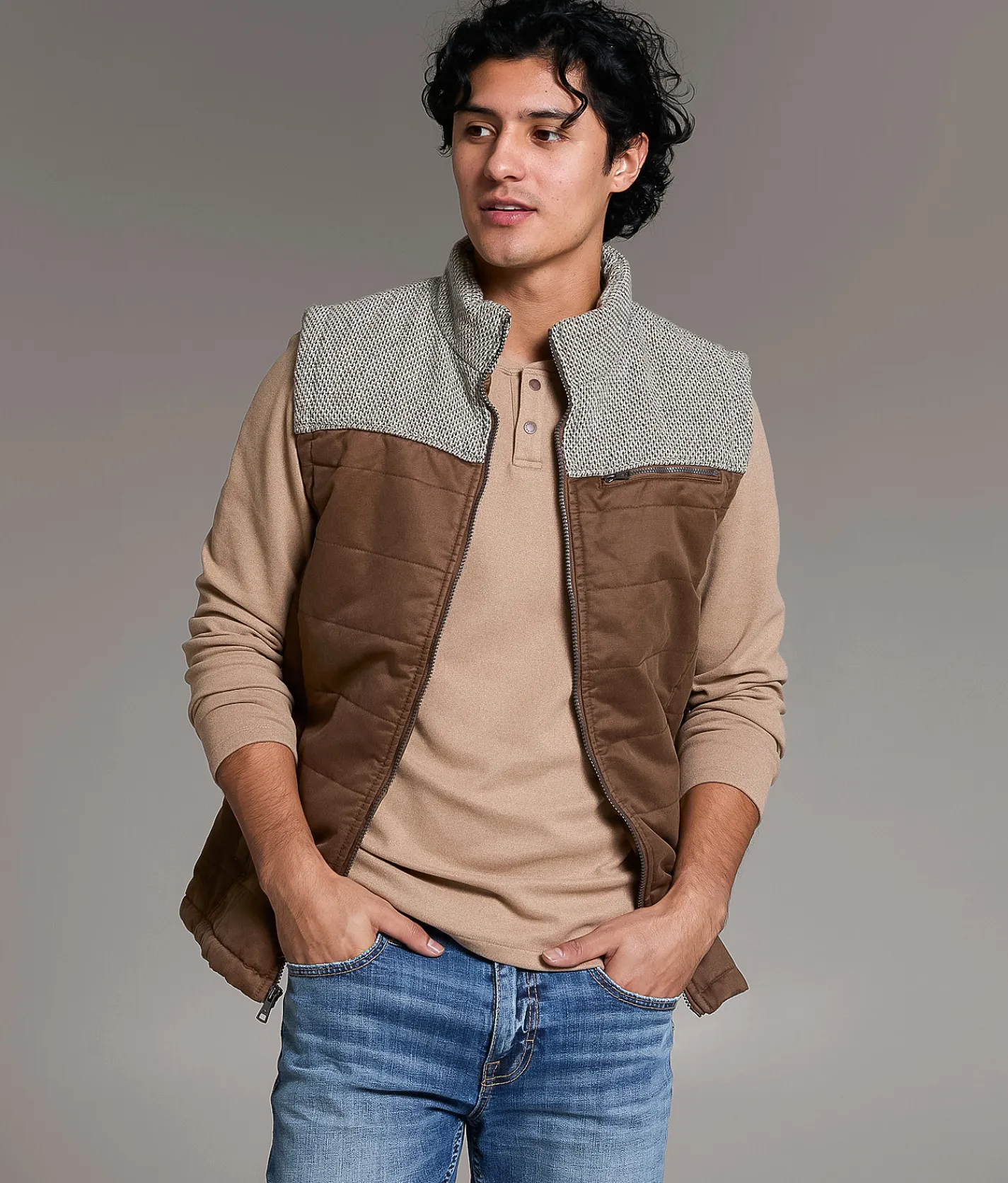 Tops | BKE Color Block Quilted Vest Brown Beige