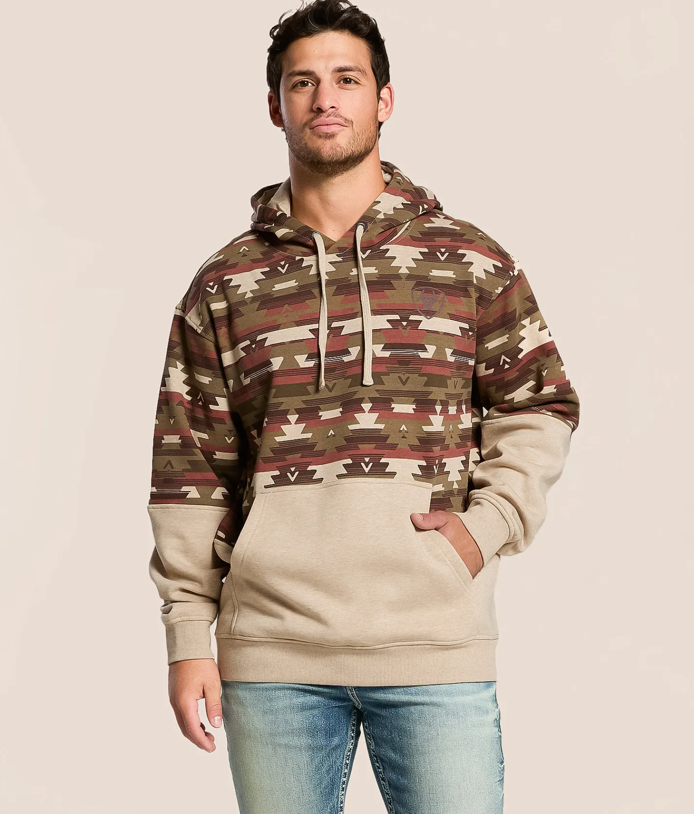 Ariat Color Block Southwestern Hooded Sweatshirt Oatmeal Southwest New