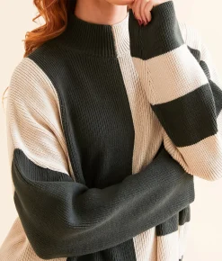 Tops | Blu Pepper Color Block Sweater Hunter Green Cream