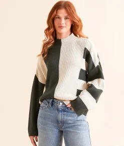Tops | Blu Pepper Color Block Sweater Hunter Green Cream
