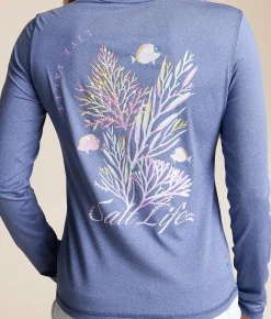 Salt Life Colorful Coral Reef Performance T-Shirt Indigo Heather New