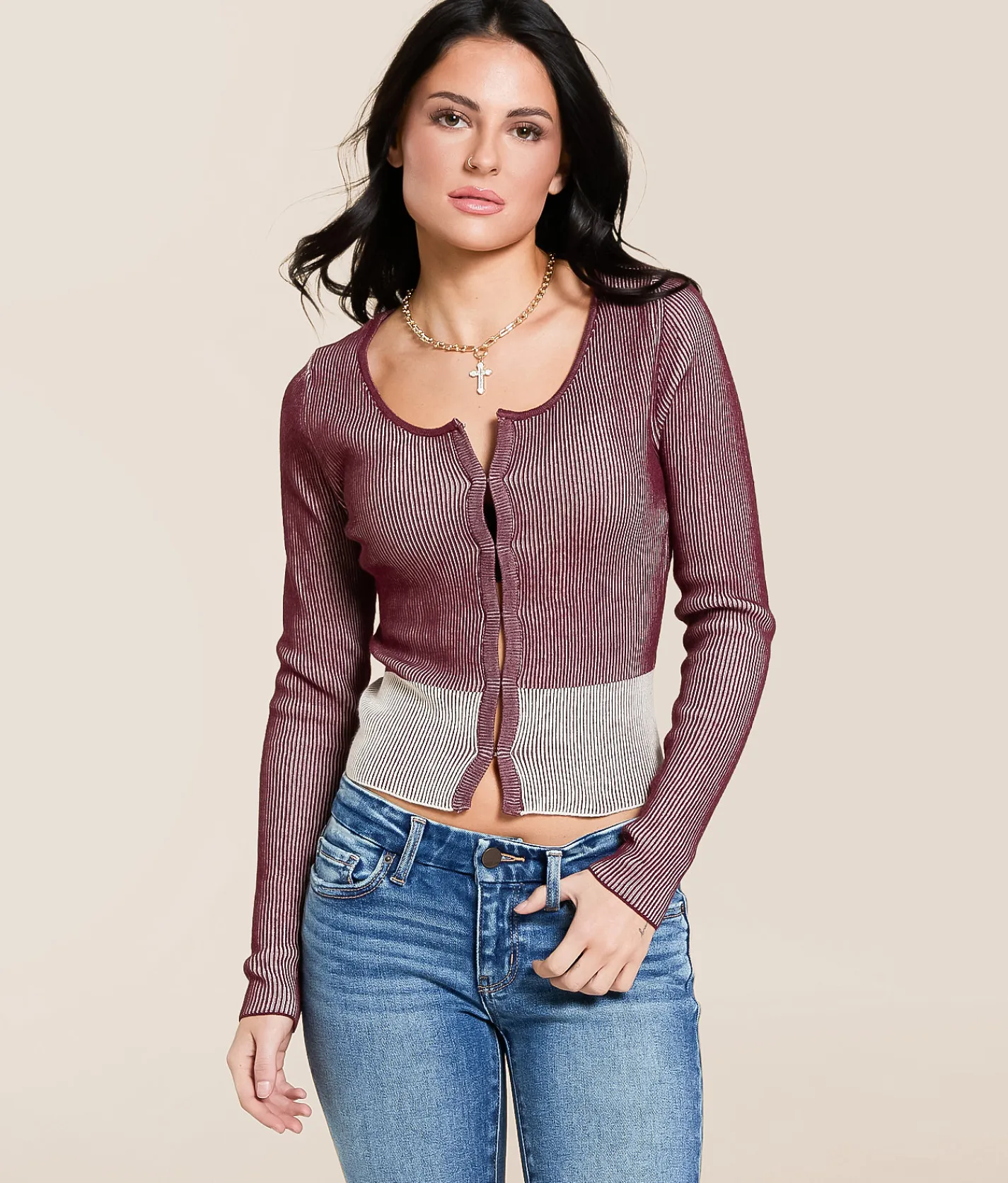 Gilded Intent Contrast Ribbed Top Burgundy Best