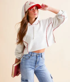 Tops | FITZ + EDDI Contrast Seam Cropped Hoodie Heather Grey