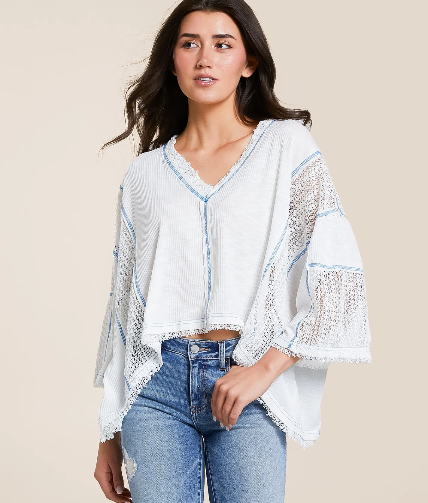 Tops | POL Contrast Stitch Boxy Top Ivory