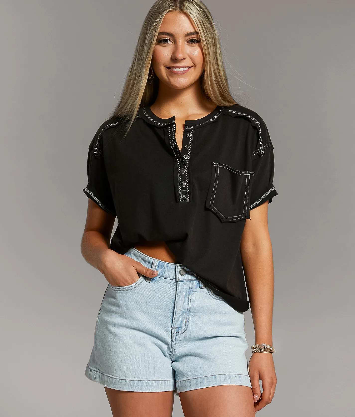 Tops | BKE Contrast Stitch Henley Washed Black
