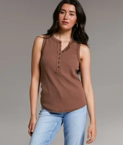 Tops | BKE Contrast Stitch Henley Tank Top Nutmeg