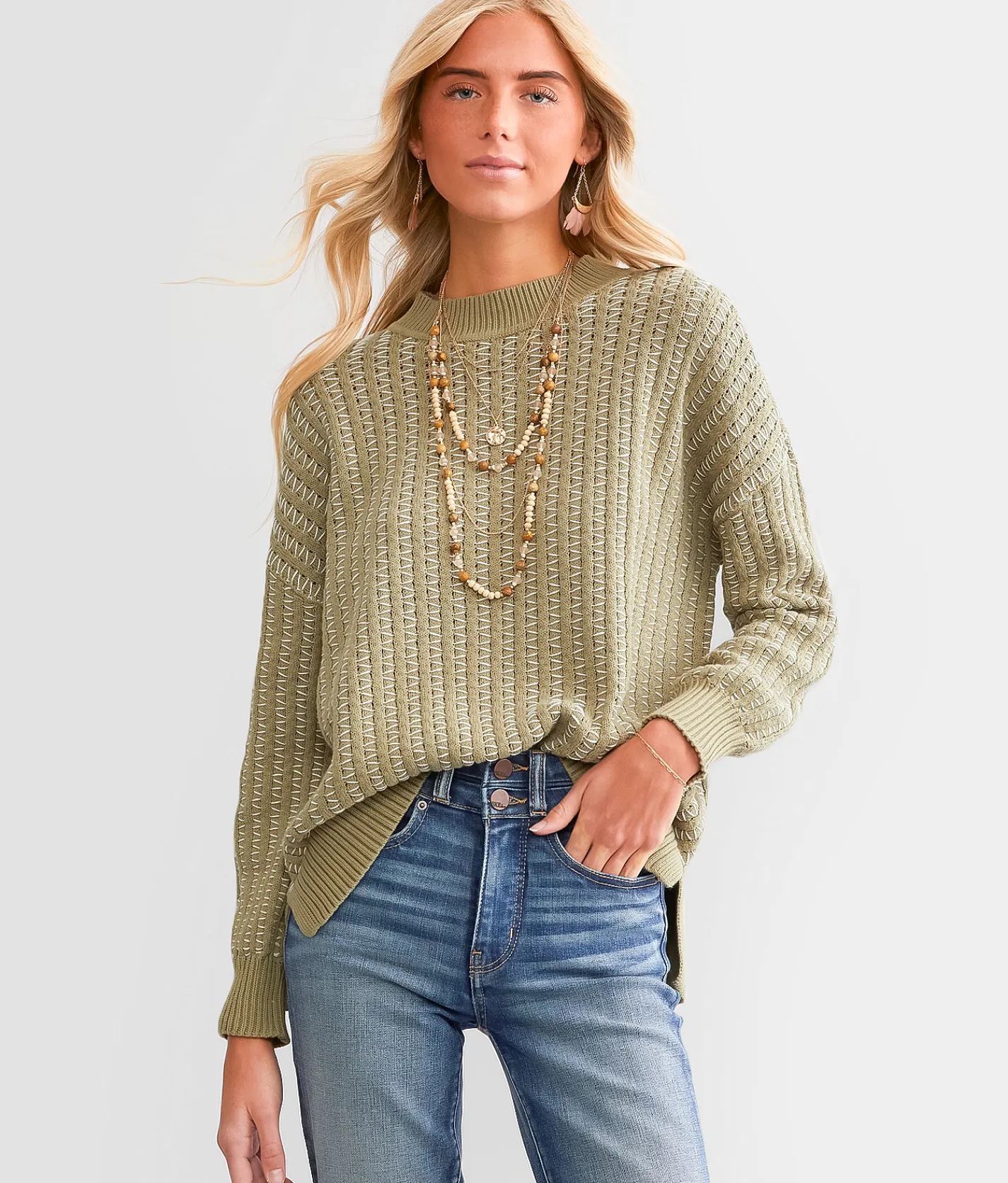 BKE Contrast Stitch Sweater Apple Butter Outlet