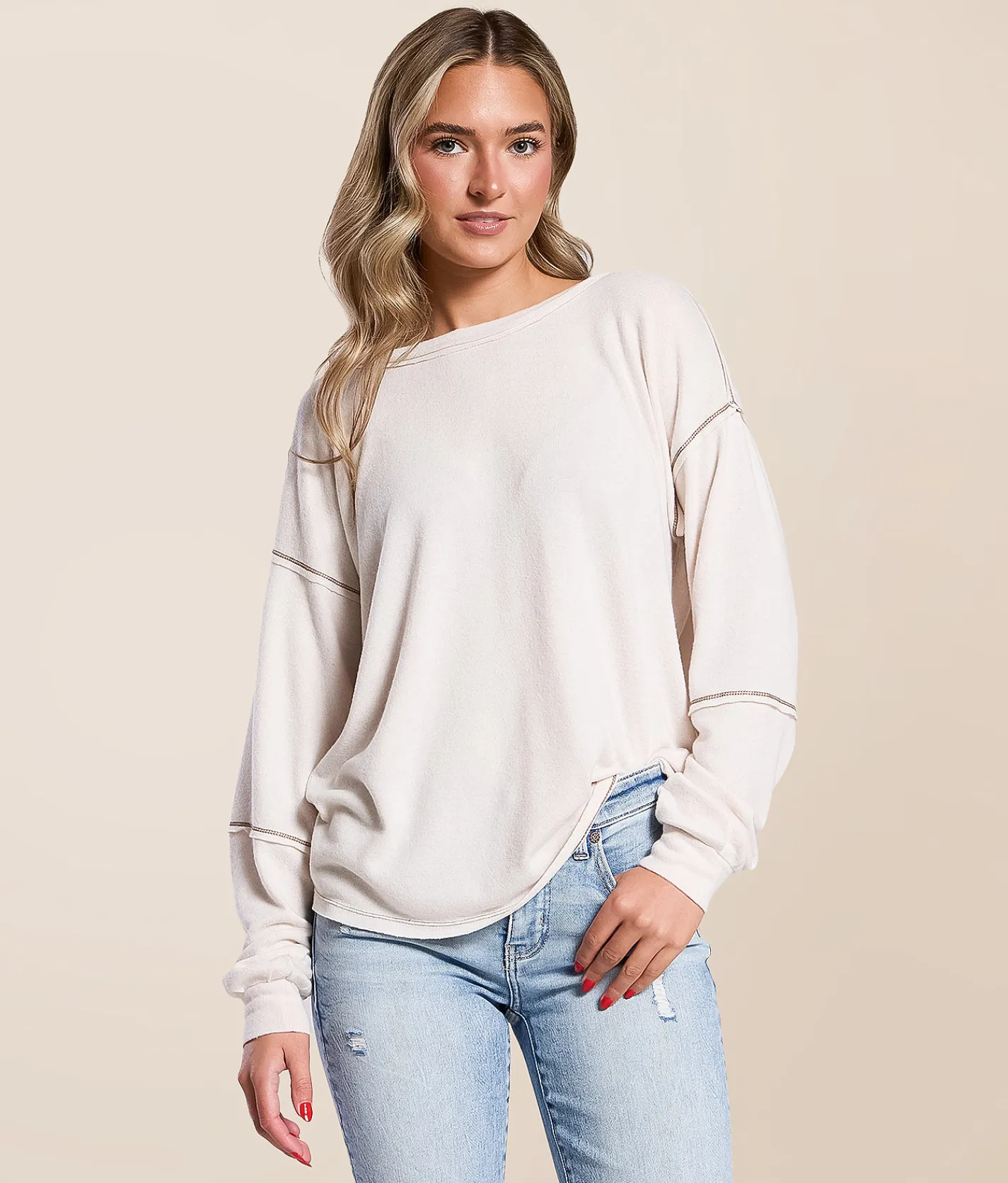 Daytrip Contrast Stitch Top Cream Discount