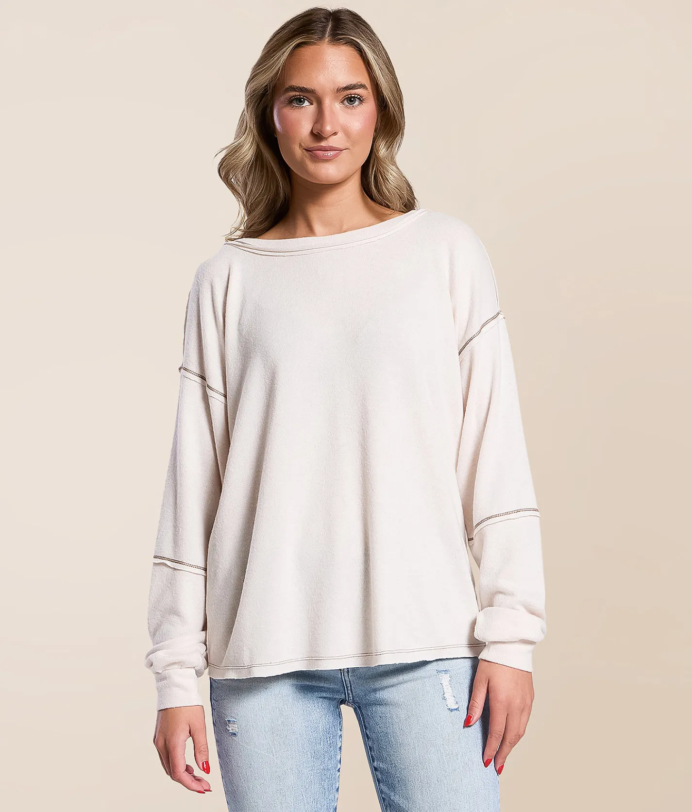 Daytrip Contrast Stitch Top Cream Discount