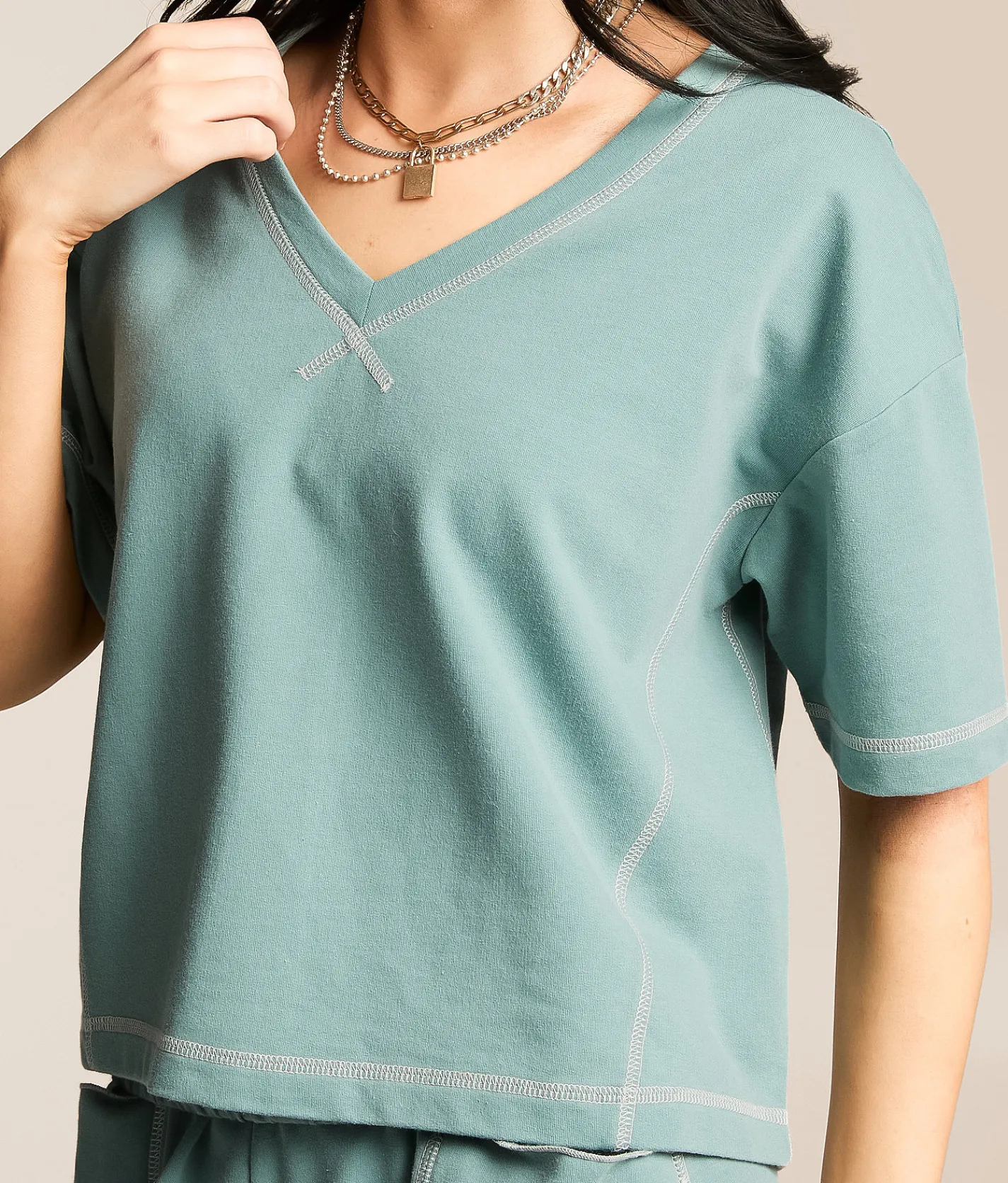 Tops | Gilded Intent Contrast Stitch Top Trellis