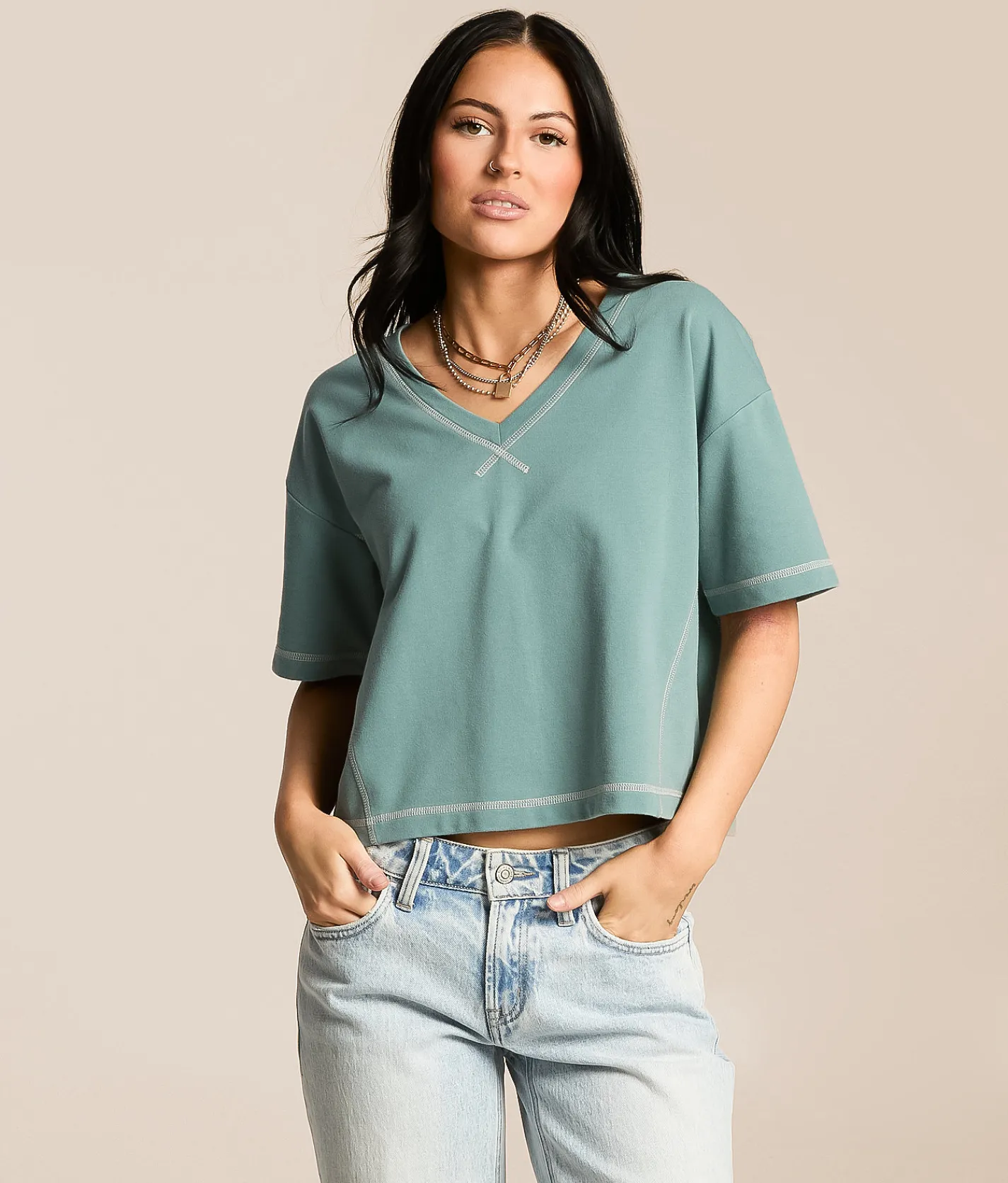 Tops | Gilded Intent Contrast Stitch Top Trellis