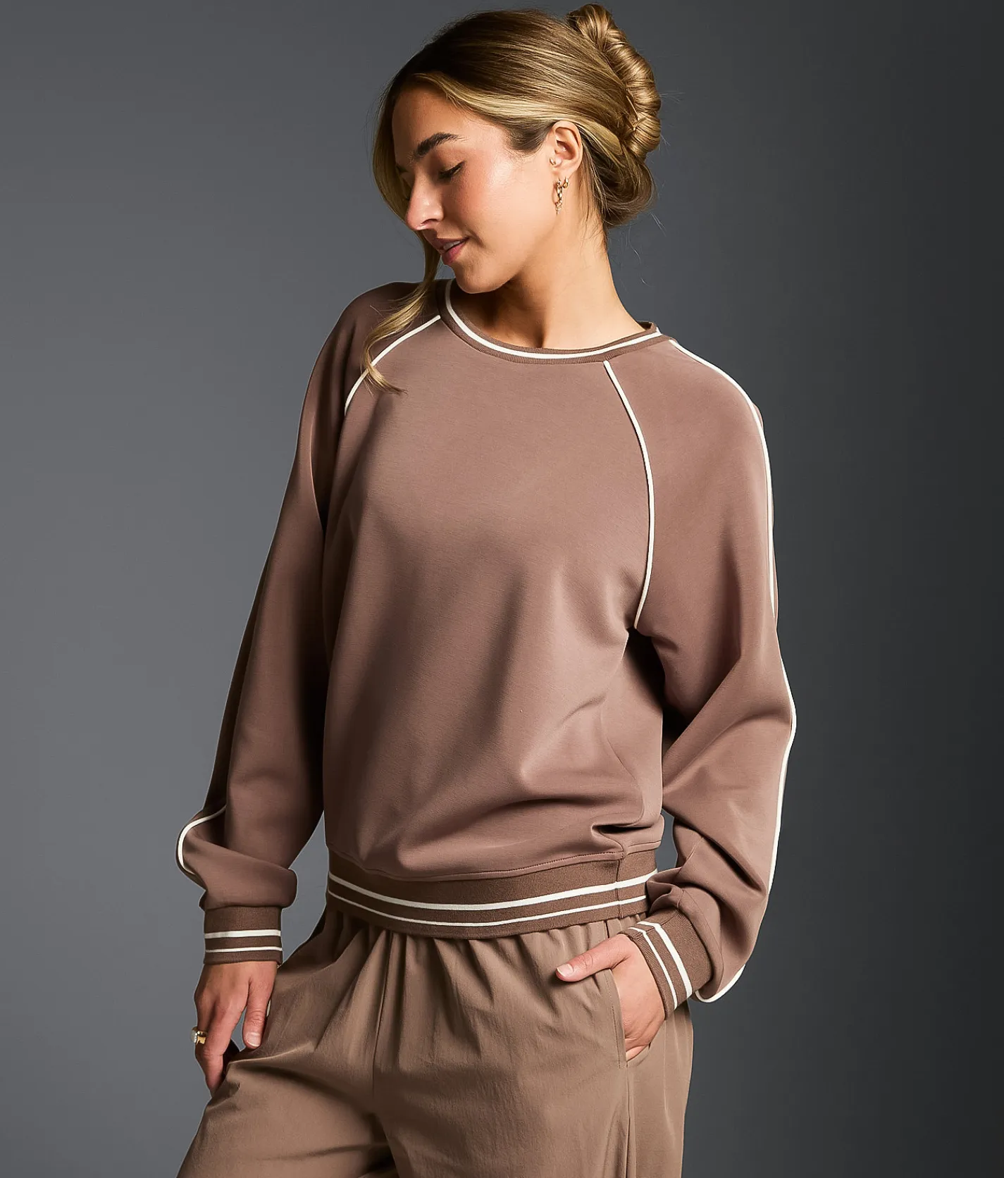 Tops | Buckle Black Contrast Trim Pullover Deep Taupe