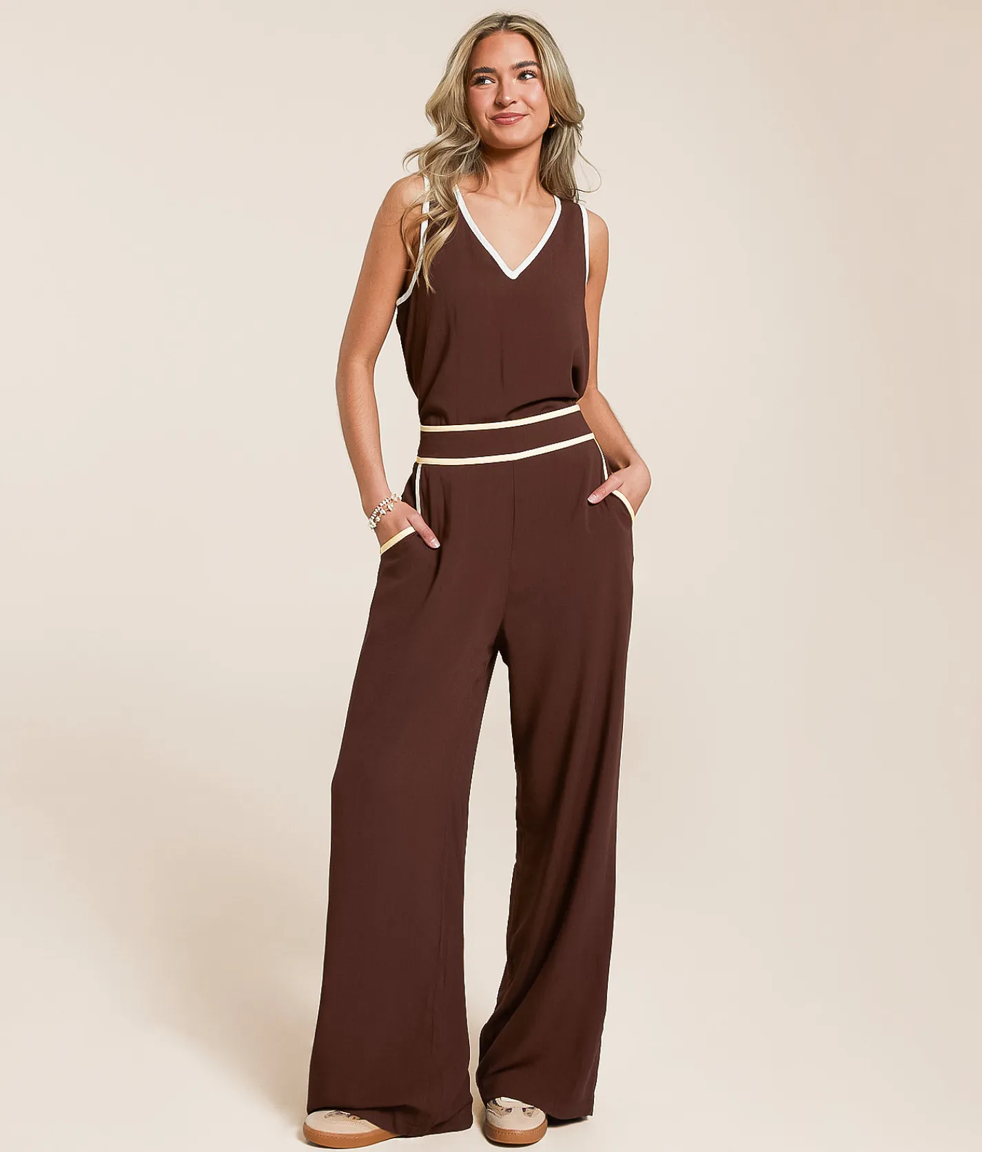 Bottoms | Blu Pepper Contrast Trim Wide Leg Trouser Pant Puce Cream