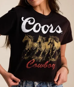 Changes Coors Horses Cowboy Cropped T-Shirt Washed Black Clearance