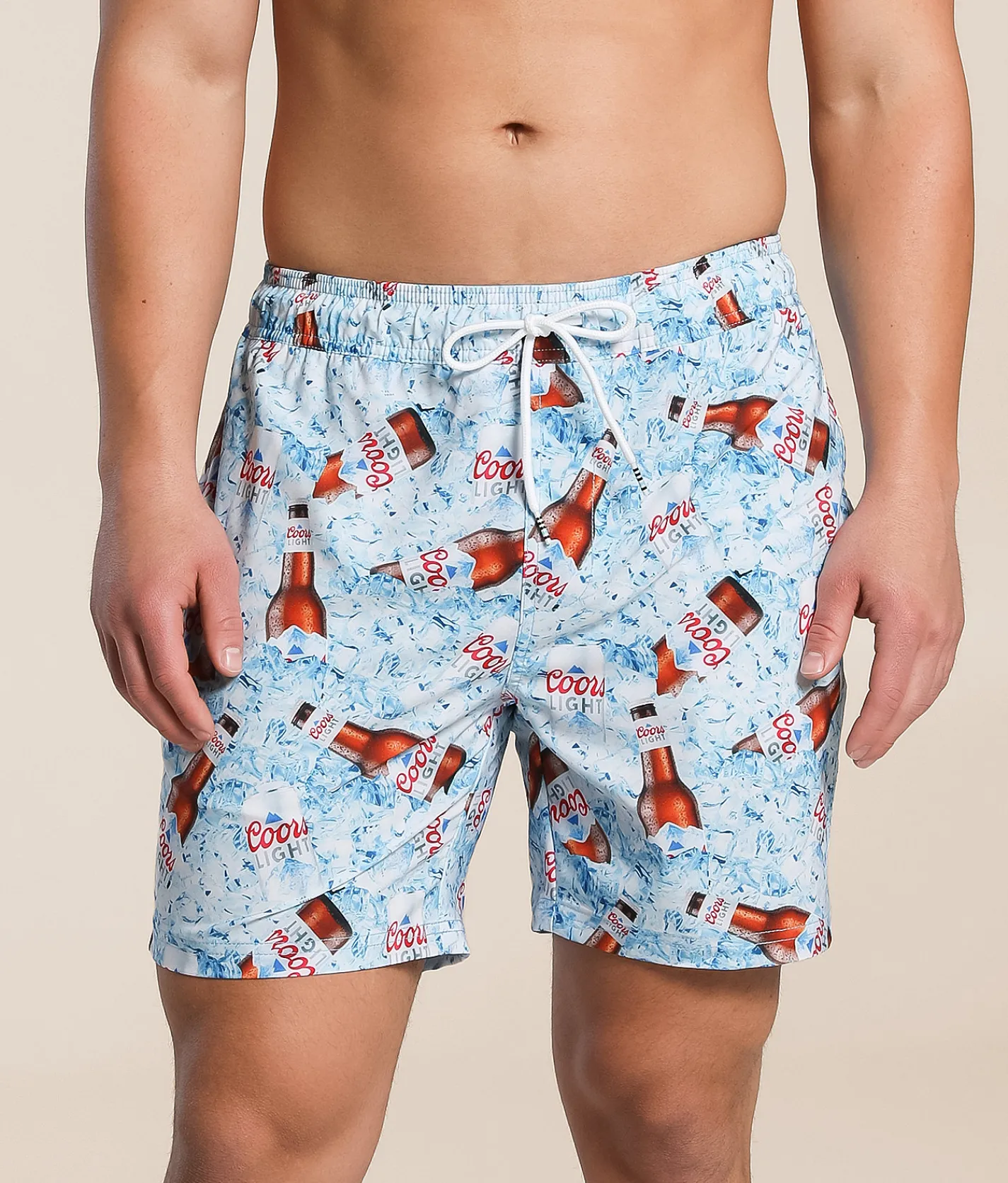 Bottoms|Swimwear | Valor Coors Light Cooler Stretch Swim Trunks White