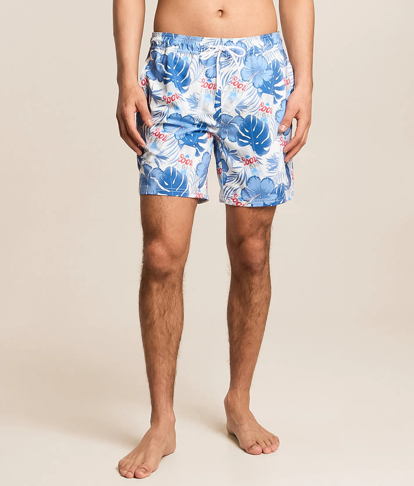Bottoms|Swimwear | Valor Coors Light Tropical Stretch Swim Trunks Egret