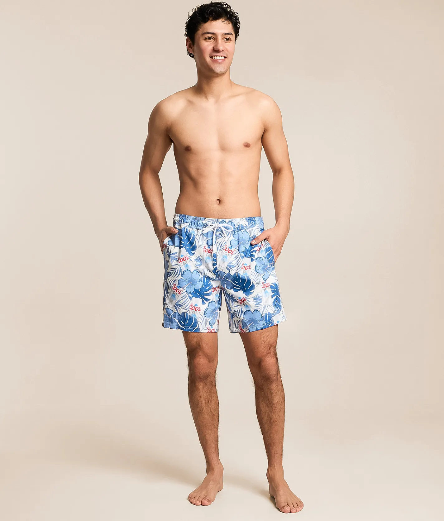 Bottoms|Swimwear | Valor Coors Light Tropical Stretch Swim Trunks Egret