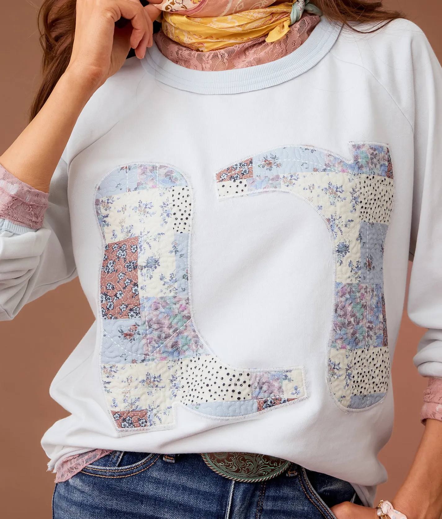 Tops | Sterling & Stitch Cowboy Boot Patchwork Pullover Illusion Blue