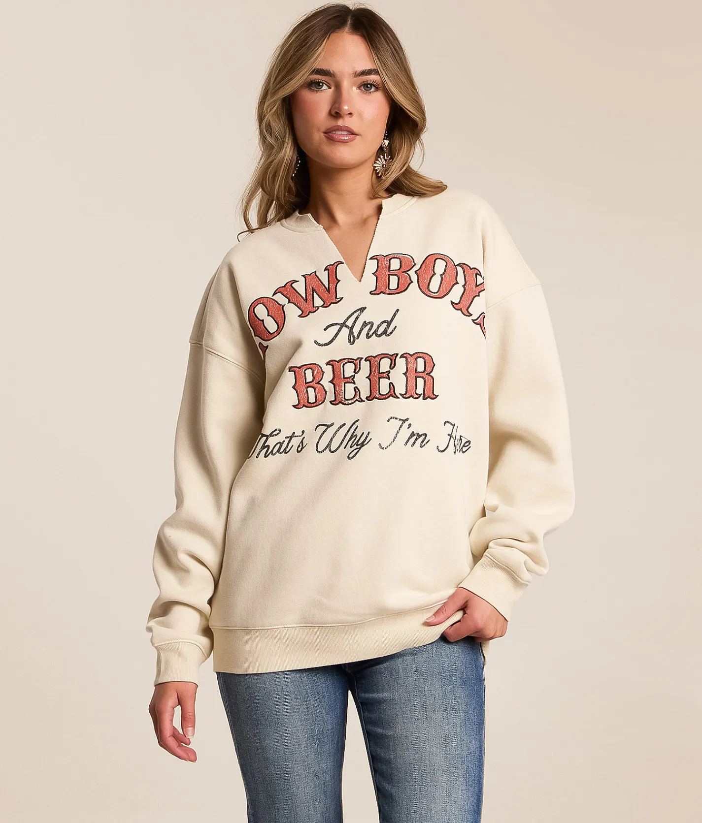 Tops | Goodie Two Sleeves Cowboys & Beer Oversized Pullover Natural