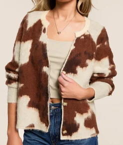 Willow & Root Cow Print Cardigan Sweater Brown Multi