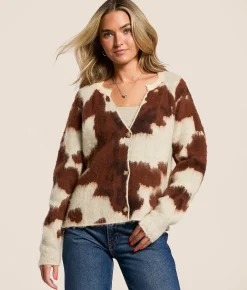 Willow & Root Cow Print Cardigan Sweater Brown Multi
