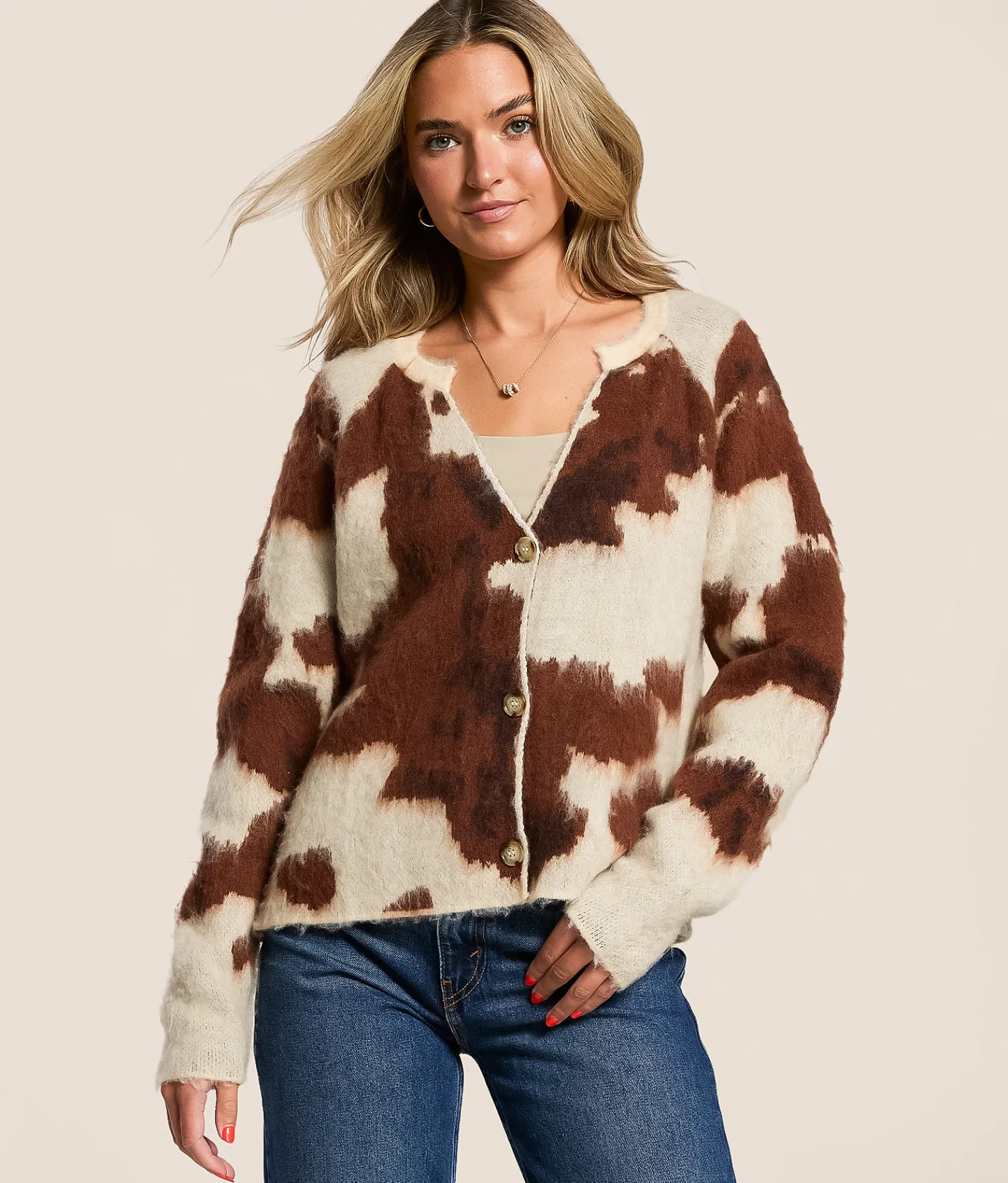 Willow & Root Cow Print Cardigan Sweater Brown Multi