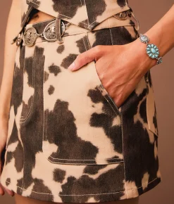Sterling & Stitch Cow Print Denim Mini Skirt Cream Brown Outlet