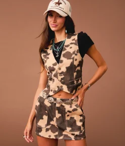 Sterling & Stitch Cow Print Denim Vest Cream Brown Discount