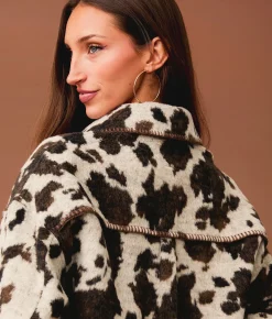 Sterling & Stitch Cow Print Fleece Shacket Brown Multi
