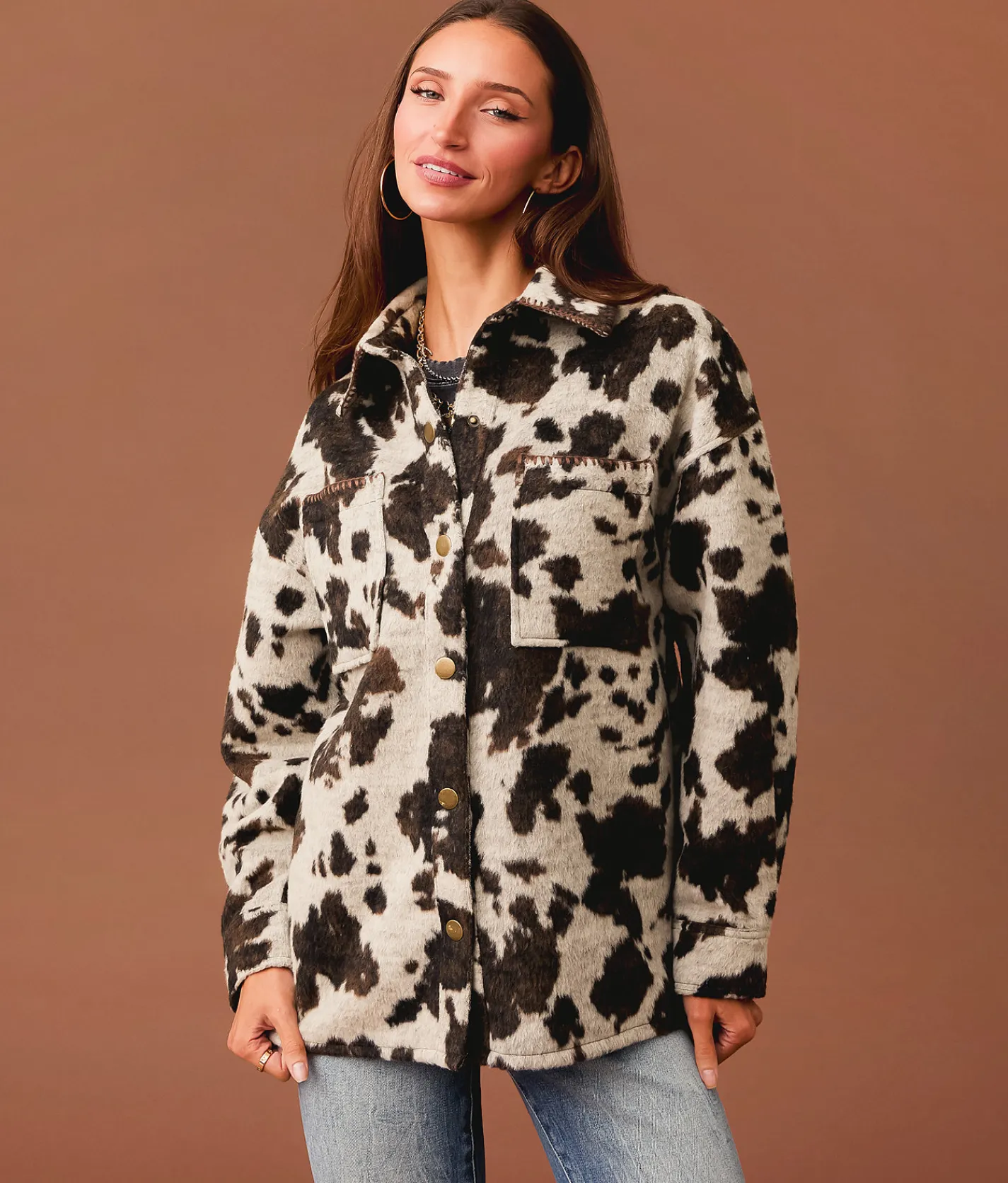 Sterling & Stitch Cow Print Fleece Shacket Brown Multi