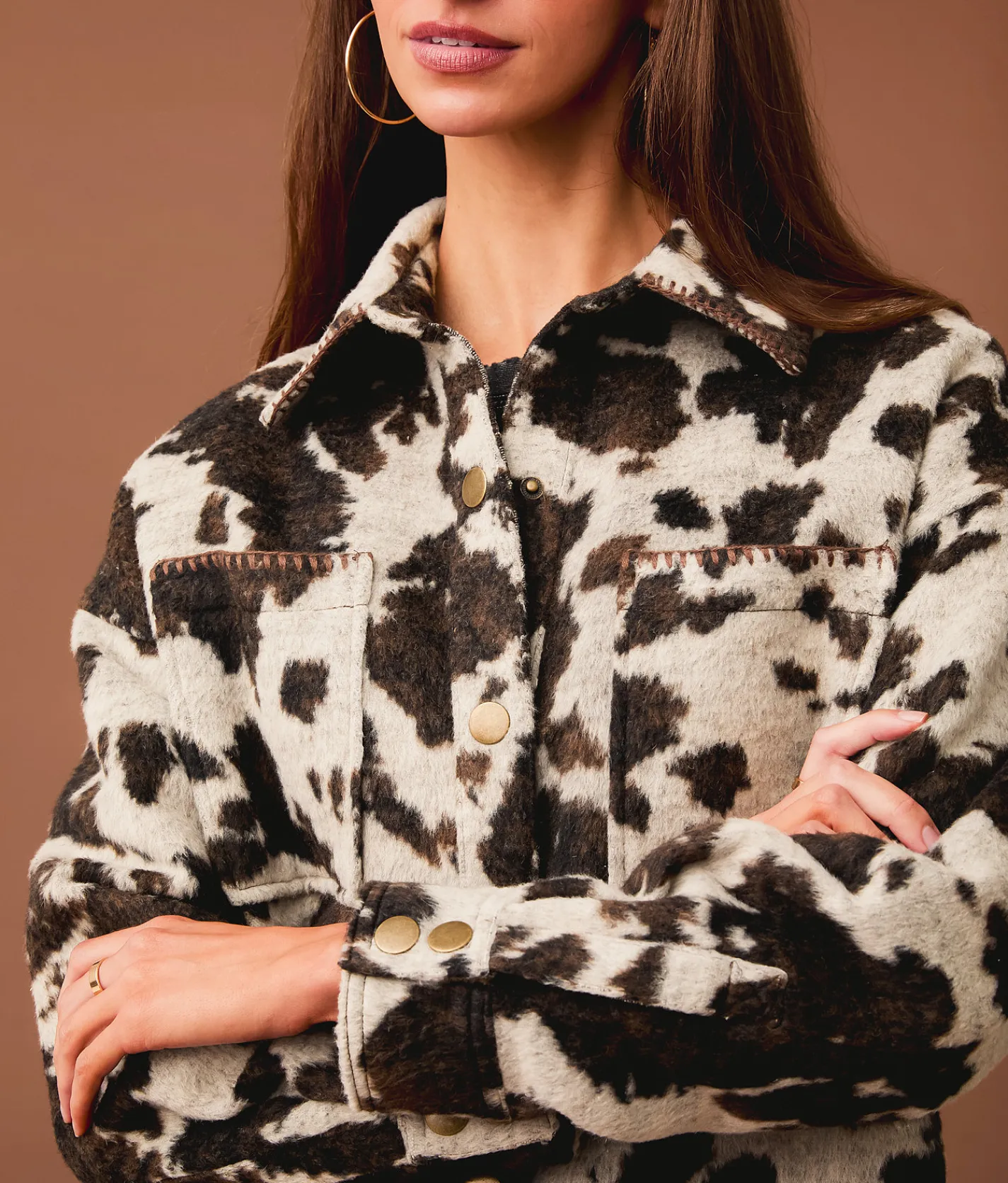 Sterling & Stitch Cow Print Fleece Shacket Brown Multi