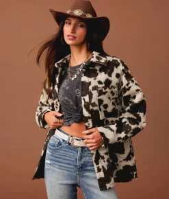 Sterling & Stitch Cow Print Fleece Shacket Brown Multi