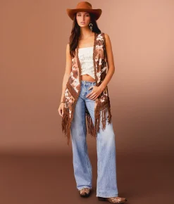 Sterling & Stitch Cow Print Fringe Vest Brown Multi Clearance