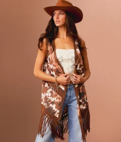 Sterling & Stitch Cow Print Fringe Vest Brown Multi Clearance