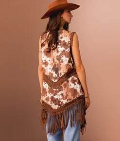 Sterling & Stitch Cow Print Fringe Vest Brown Multi Clearance