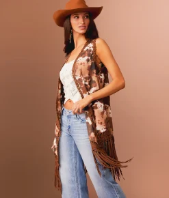 Sterling & Stitch Cow Print Fringe Vest Brown Multi Clearance