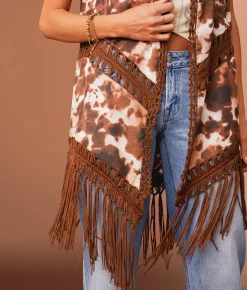 Tops | Sterling & Stitch Cow Print Fringe Vest Brown Multi