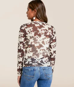 Tops | Willow & Root Cow Print Mesh Shirt Brown Cream