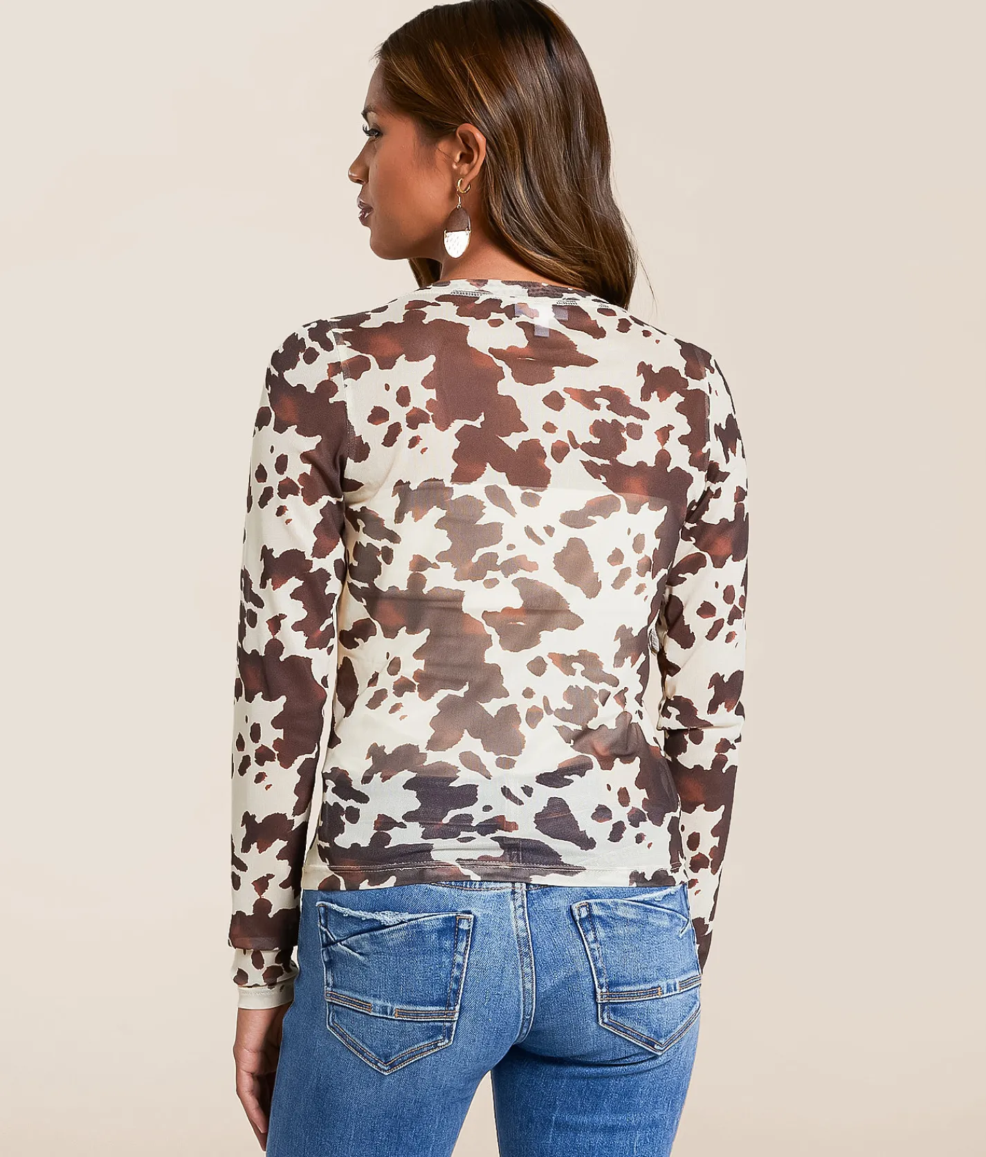 Tops | Willow & Root Cow Print Mesh Shirt Brown Cream